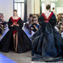 Unique Design Prom Dresses Formal Black Satin Hollow Back Evening Dresses Sweep Train Long Sleeves Party Dress