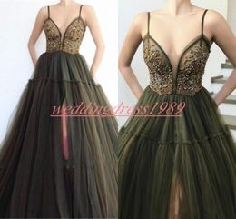 Sexy Beads Slit Arabic 2019 Evening Dresses Olive Tulle Straps Spaghetti Party Dress Prom Vestidos De Festa Pageant Celebrity Formal Gowns