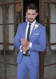 Fashion Sky Blue Men Wedding Tuxedos Peak Lapel Groom Tuxedos Excellent Men Blazer 2 Piece Suit Prom/Dinner Jacket(Jacket+Pants+Tie) 2605