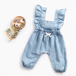 Kids denim romper 2019 yeni sevimli bebek kızlar kıyafetleri yumuşak denim tulum yay fırtın