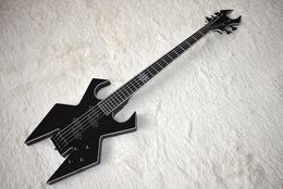 Guitarra baja eléctrica con formas inusuales en negro personalizada de fábrica con 5 cuerdas, herraje negro, encuadernación en blanco, de alta calidad, se puede personalizar