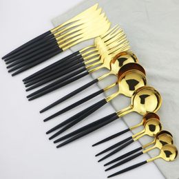 24 Piece Set 18 10 Stainless Steel Dinner Black Gold Cutlery Set Knife And Fork Spoon Cutlery Set Kitchen Party Present Wedding Silverware