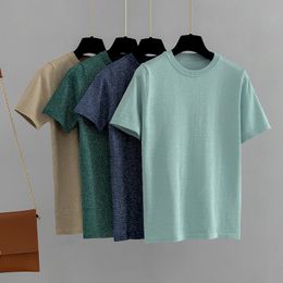 GIGOGOU Lurex Glitter Women Summer T Shirt Knitted Casual Short Sleeves Top O-Neck Slim Kintwear Basic Female T-shirt