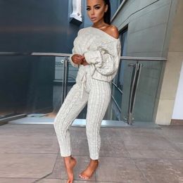 Women's Two Piece Pants 2021 Winter 2 Pieces Sweater Suits Set O-Neck Women Loose Solid Casual Pullover Knitted Clothing Suit