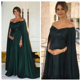 Dark Green Pregnant Maternity Evening Dresses with Cape Off Shoulder Floor Length Party Gowns Baby Shower Prom Dresses 126