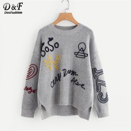 Dotfashion Grey Braided Embroidery Stepped Hem Womens Sweaters Autumn Casual Clothing Long Sleeve Oversized Pullover JumperMX190926