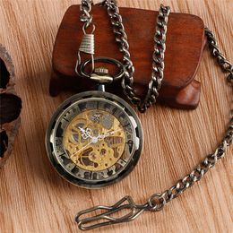 Classical Bronze Black Mechanical Hand-winding Pocket Watch Men Women Pendant Antique Clock with FOB Chain Gift montre de poche301k