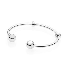 NEW 100% 925 Sterling Silver 596477 High Quality MOMENTS SILVER OPEN BANGLE WITH LOGO CAPS Fit DIY Charm Women Original Fashion Jewelry Gift