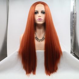 Orange Lace Front Perruque Cheveux Synthétiques Longs Raides Perruques Pour Les Femmes Blanches Coiffures Naturelles Médias Séparations Perruques
