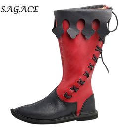 Hot Sale- Halloween Shoes men leather motorcycle boots plus size high boots men pointed toe Sneakers winter Warm high lacing