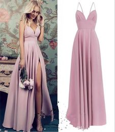 Cheap 2019 Dusty Pink Satin Spaqhetti A Line Bridesmaids Dresses Simple Long High Split Plus Size Beach Maid of Honours Wedding Guest Gowns