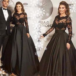 black Elegant A-Line Long Sleeve Formal Evening dresses robe de bal longue Illusion Lace Appliques Formal Prom Gowns vestido de gala