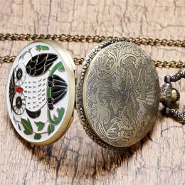 Bronze Small Animal Epoxy Cartoon Owl Painting Pocket Watch Quartz Clock Necklace Chain Relogio De Bolso Gifts for Men Women277v