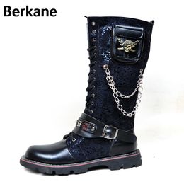 Leder Herrenschuhe Motorrad Hot Punk Stiefel Army Herren Masculina Rock Bota Hohe Black Schnalle Gothic Kampfmetallschädel UMGSLqzVp