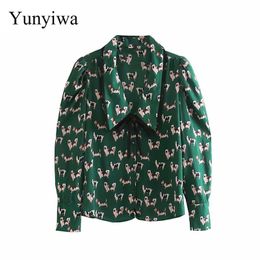 Women Sweet Peter Pan Collar Bow Tied Casual Blouse Office Lady Peppy Dog Print Chic Shirts Femininas Autumn Blusas Tops