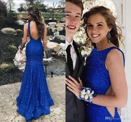 Sexy Royal Blue Mermaid Prom Dresses Long Jewel Neck Beaded Pleats Backless Formal Dress Evening Gowns Vestidos De Noiva ogstuff