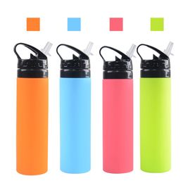 600ml Creative Riding Foldable Water Bottles Outdoor Sports Portable Collapsible Food Grade Silicone Water Cups With Straw 0769