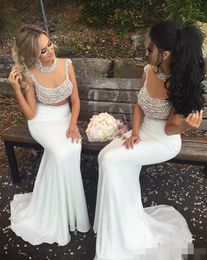 Perals Two Beaded Piece Bridesmaid Dresses Mermaid Sweep Train Illusion Bodice Custom Made Maid of Honour Gown Tail Party Dress