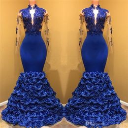 Royal Blue Lace Mermaid Long Prom Dresses 2020 High Neck Sheer Long Sleeves Tulle Applique 3D Floral Floor Length Evening Party Gowns BA7969