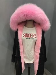 Hot sale pink raccoon fur trim mrs furs pink rabbit fur lining black long women parkas snow jackets