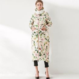 High Quality Women's Winter Runway Coats Hooded Collar Floral Printed White Duck Down Warm Parkas Elegant Long Overcoat Outerwear