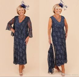 Modest Tea Length Mother of the Bride Dresses Navy Blue Lace Beaded Long Evening Party Gowns Plus Size Formal Wedding