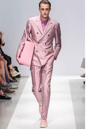 Shiny Pink Groom Tuxedos Excellent Double-Breasted Groomsmen Wedding Tuxedos Men Formal Dinner Party Prom Blazer Suit(Jacket+Pants+Tie) 1093