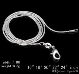 Hot 1MM Thin Top quality 925 stamped silver plated Snake Chain Jewellery Findings 16"18"20"22"24" Wholesale price 50pcs/lot