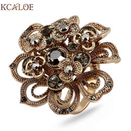 KCALOE Antique Titanium Gold Big Flowers Rings For Women Luxury Brown Crystal Rhinestone Women Engagement Ring Accessories