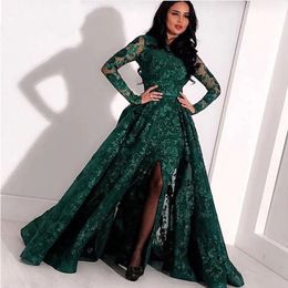 Green Long Sleeves Muslim Evening Dresses high neck 2019 Lace Sequin side Slit Dubai Kaftan Saudi Arabic Elegant Formal Dress Evening Gown