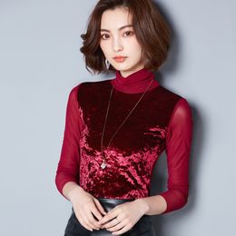 M-3XL Women Turtleneck Slim Full Sleeve Velour Patchwork Mesh Tee Shirts T shirts Girls High Quality Solid Velvet Tops Women