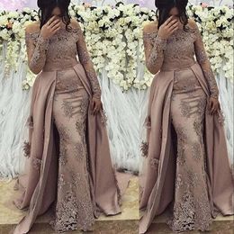 Sexy Mermaid Arabic Prom Dresses Lace Appliques Brown Crystal Beaded Off Shoulder Long Sleeves Illusion Evening Dress Wear Party Gowns