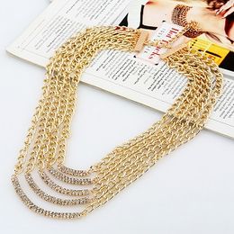 Wholesaleluxury designer exaggerated geometric golden metal multi layer tassel chain diamond rhinestone sweater statement necklace for woman