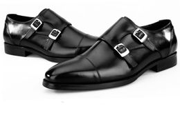 Fashion black / Blue Double Monk Strap Shoes Mens Business Dress Shoes Genuine Leather Wedding Groom Shoes