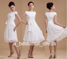 New Cap Sleeve Plain Chiffon Overlay Lace Top Knee Length With Long Sash vintage Graduation dress knee length Party Gown GD7801