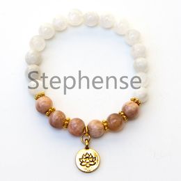 MG0652 2A Grade Moonstone & Sunstone Bracelet Natural Gemstone Chakra Lotus Charm Yoga Bracelet New Design Balance Mala Bracelet