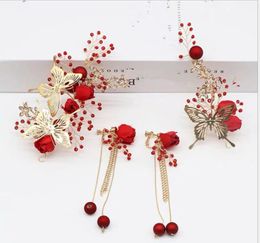 Bridal tiara gold butterfly leaf hairpin rose lace clip new red wedding hair accessories