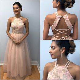 Modest Customized A Line Sleeveless Prom Dresses Applique Halter Evening Dress Tulle Floor Length Hollow Formal Party Bridesmaid Gown