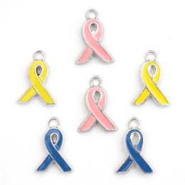 12*17mm Pink Yellow Ribbon Tie Pendant Breast Cancer Awareness Charms Enamel DIY Accessories For Handmade Women Jewellery Necklace