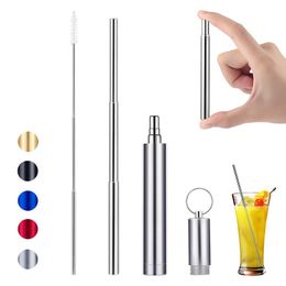 Portable Reusable Drinking Straws Telescopic Stainless Steel Metal Collapsible Straw with Aluminium Case and Cleaning Brush