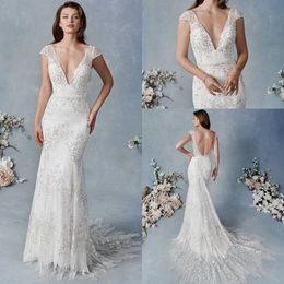 Mermaid Kenneth Winston Wedding Dresses V Neck Short Sleeve Tulle Applique Crystal Backless Wedding Gown Sweep Train robe de mariée