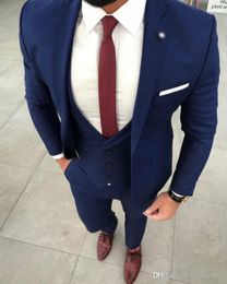 Handsome One Button Blue Groom Tuxedos Notch Lapel Men Suits 3 pieces Wedding/Prom/Dinner Blazer (Jacket+Pants+Vest+Tie) W640