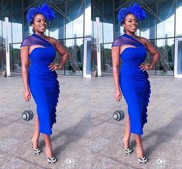 African Sexy Plus Size Royal Blue Sheath Cocktail Party Dresses One Shoulder Tea Length Back Split Prom Dress Evening Party Wear Dress