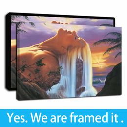 Framed Artwork Island of Dreams Long Hair Beauty Waterfall Scenery Oil Paintings Print on Canvas Wall Art Poster Home Decor - Ready To Hang