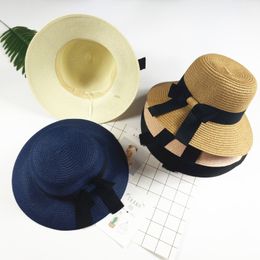 Romacci Girls Straw Hat Spring Summer Striped Bowknot Flower Foldable Sweet Outdoor Sun Hat//Beach Hat Beige