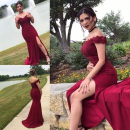 Burgundy Mermaid Bridesmaid Dresses Sexy Side Split Off Shoulder Lace Garden Country Wedding Guest Dress Cheap Maid Of Honour Gowns