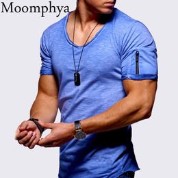 Moomphya Zipper Sleeve Slim Fit Men Raw Edge Camisetas Hombre Hip Hop Steetwear Tops Tee Shirt Homme T-shirt MX190710