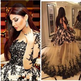 2020 Saudi Arabia Evening Dresses long sleeves crew New Lace Applique A line See Through Prom Gowns Long Sleeves Arabic Party Gowns