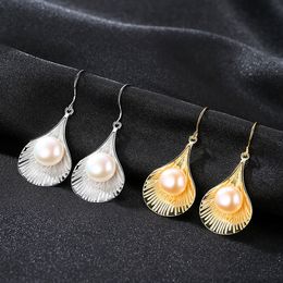 Fashion- S925 pure silver earrings 9-9.5mm natural pearls 18K genuine gold plated Pearl Pearl Earrings free shipping