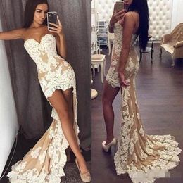 Low High Prom Dresses Sweetheart Neck Lace Applique Mermaid Sweep Train Custom Made Formal Ocn Wear Evening Gown